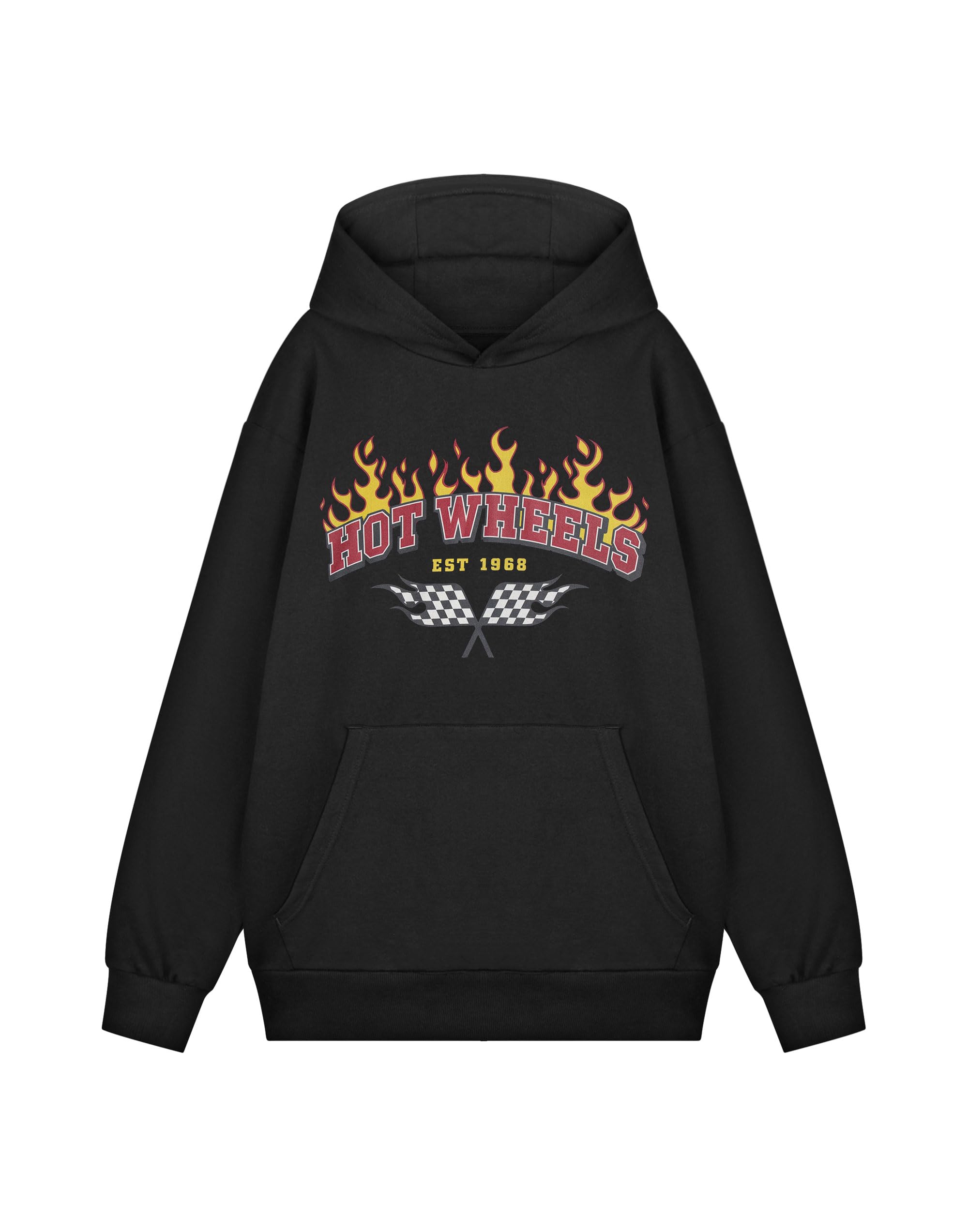 Hot Wheels Mens Black Hoodie | Classic Long Sleeve Pullover Sweatshirt Est 1968' Graphic Design | Casual Wear Top for Everyday Comfort | Varsity Style Apparel for Men
