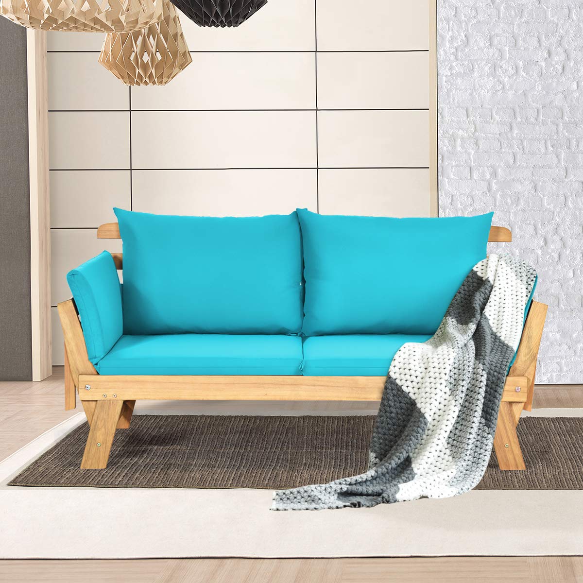 GIANTEX Liegesofa mit klappbaren Seitenlehnen, Gartenbank Sitzbank mit Auflagen, Sonnenliege Gartenliege aus Akazienholz, Multifunktionsbank Balkonbank Parkbank Gartenmöbel, grau/beige (Türkis)