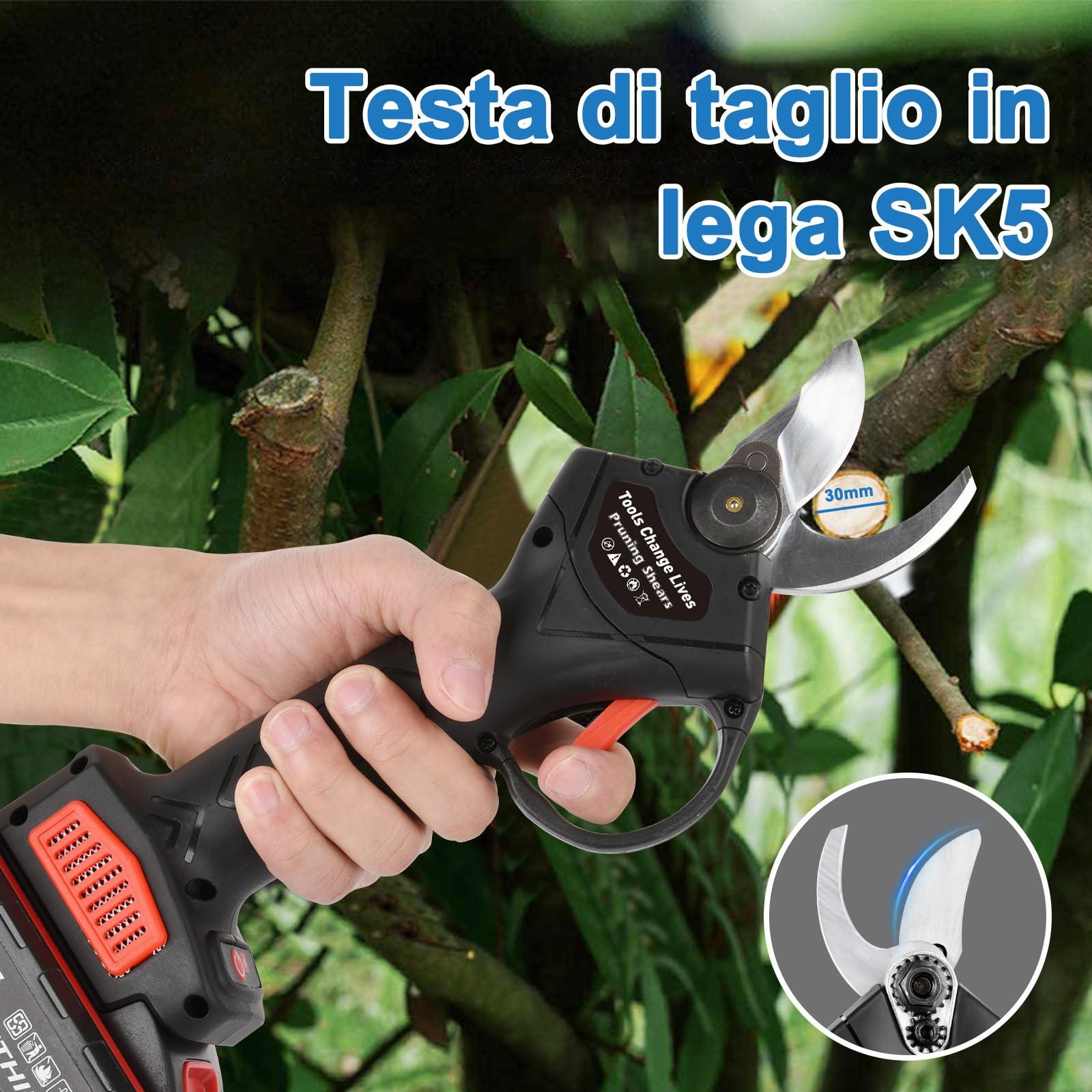 Forbici e Cesoie per Potatura 30mm con 2 Batterie | Forbici Potatura Elettriche, Forbici Giardinaggio Portatile Strumento Cordless Professionale per Albero Rami Arbusti