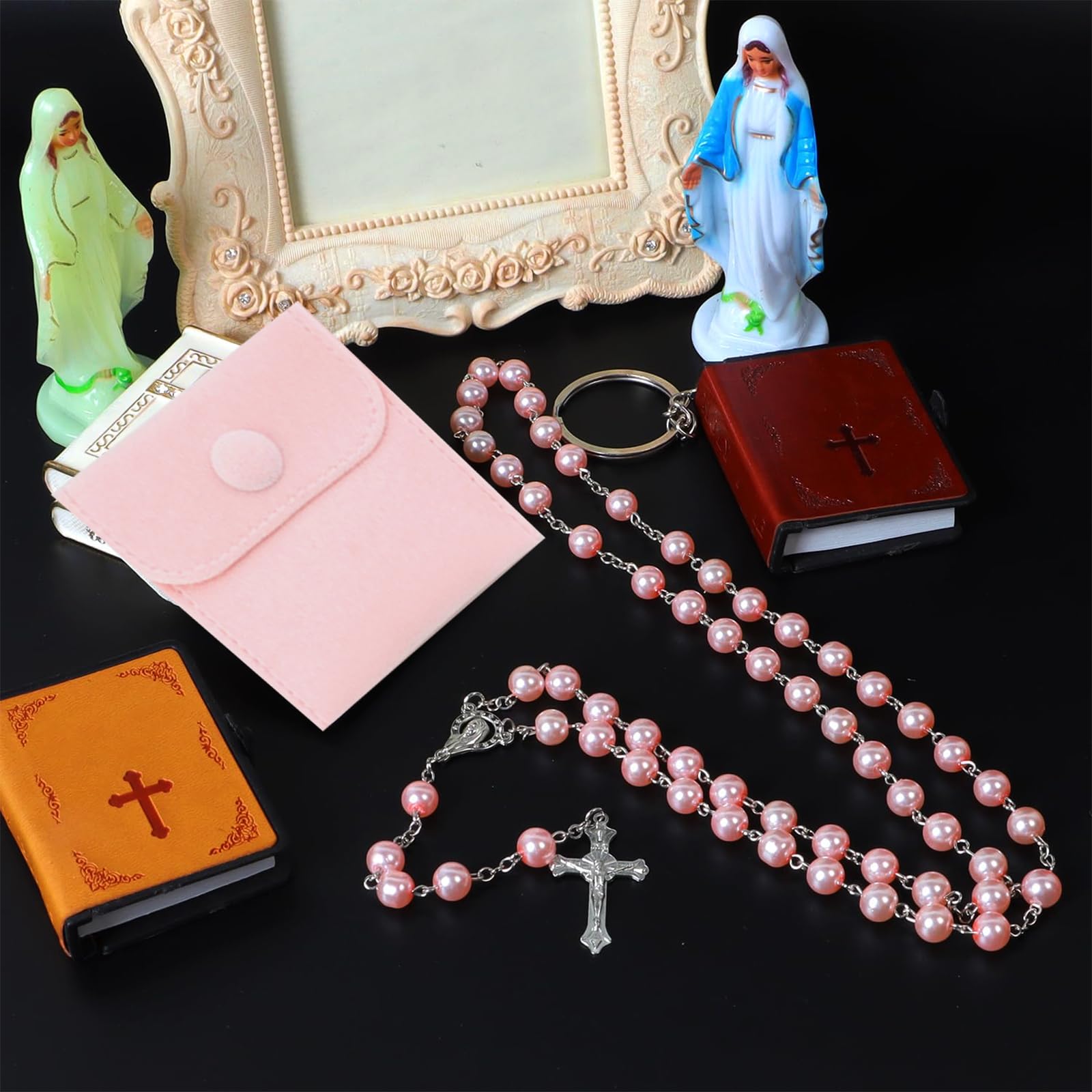 Katolicki różaniec na komunię z krzyżem w stylu retro, aksamitny woreczek prezentowy, elegancki krzyż na chrzest, wesele i imprezę