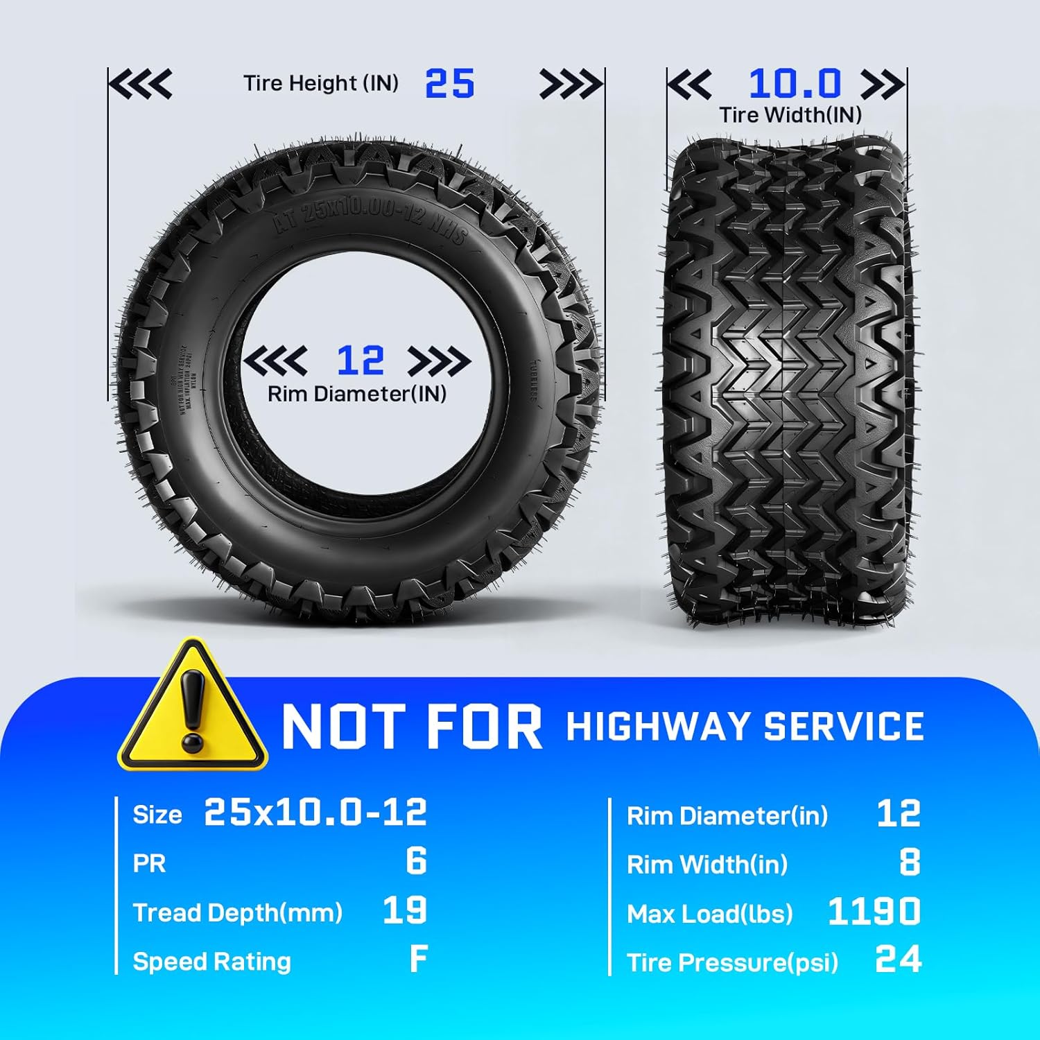 TRIBLE SIX Set of 2 25x10-12 ATV/UTV Tires, 25x10x12 Heavy Duty All-Terrain Tires, 6PR Tubeless, Non-Directional Tread for Mud, Trail, Sand
