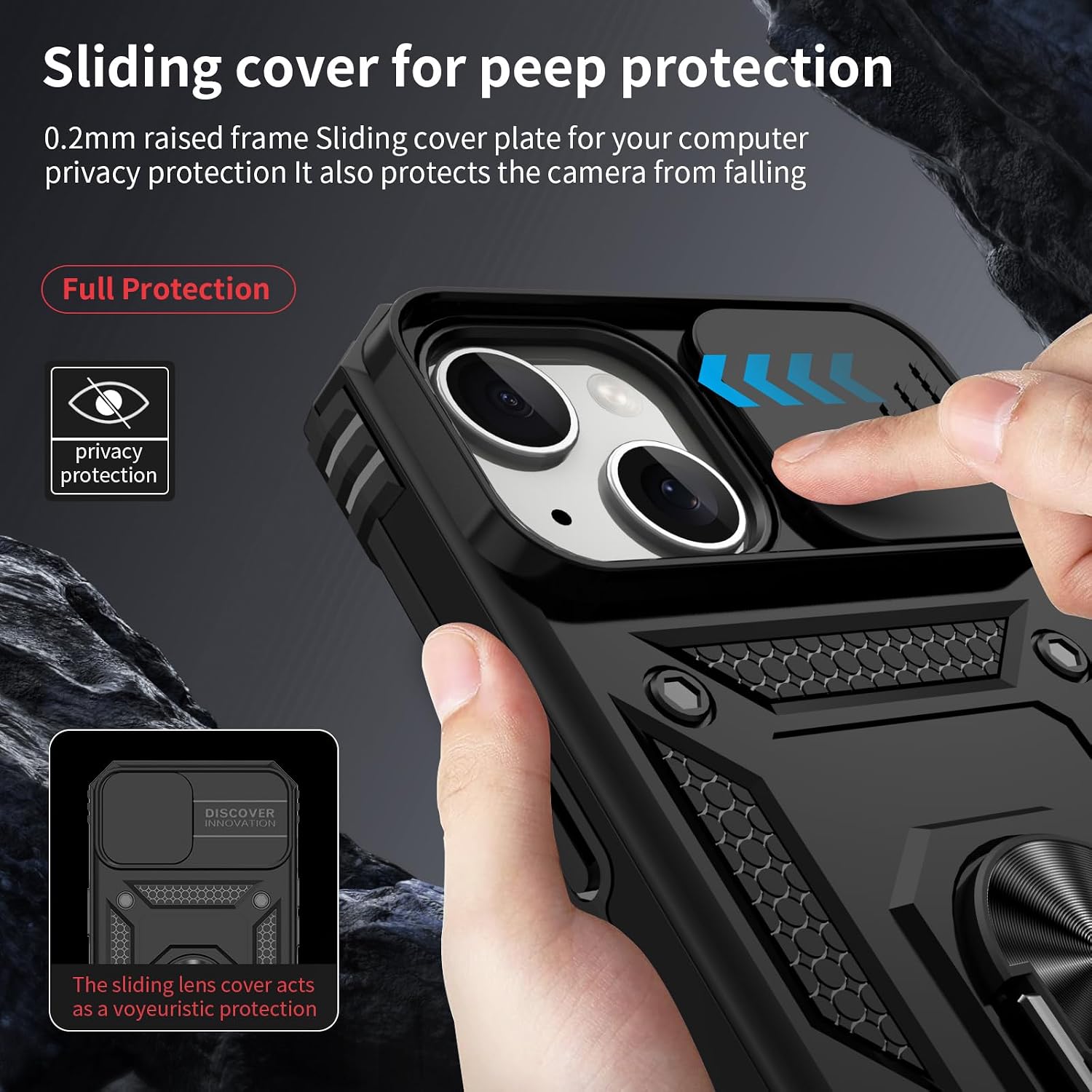 Vinve for iPhone 15 Case, Slide Lens Cover, HD Screen Protector, Military Grade Drop Protection, Magnetic Rotated Ring Holder Kickstand Protective Phone Case (Black) thumbnail