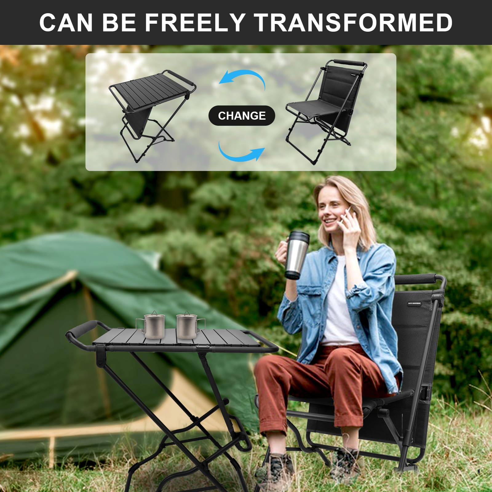 FATTY CHOWCHOW Camping Table with Additional Roll Up Tabletop, Multifuctional Camping Table Easily Transfer to Chair(Grey)