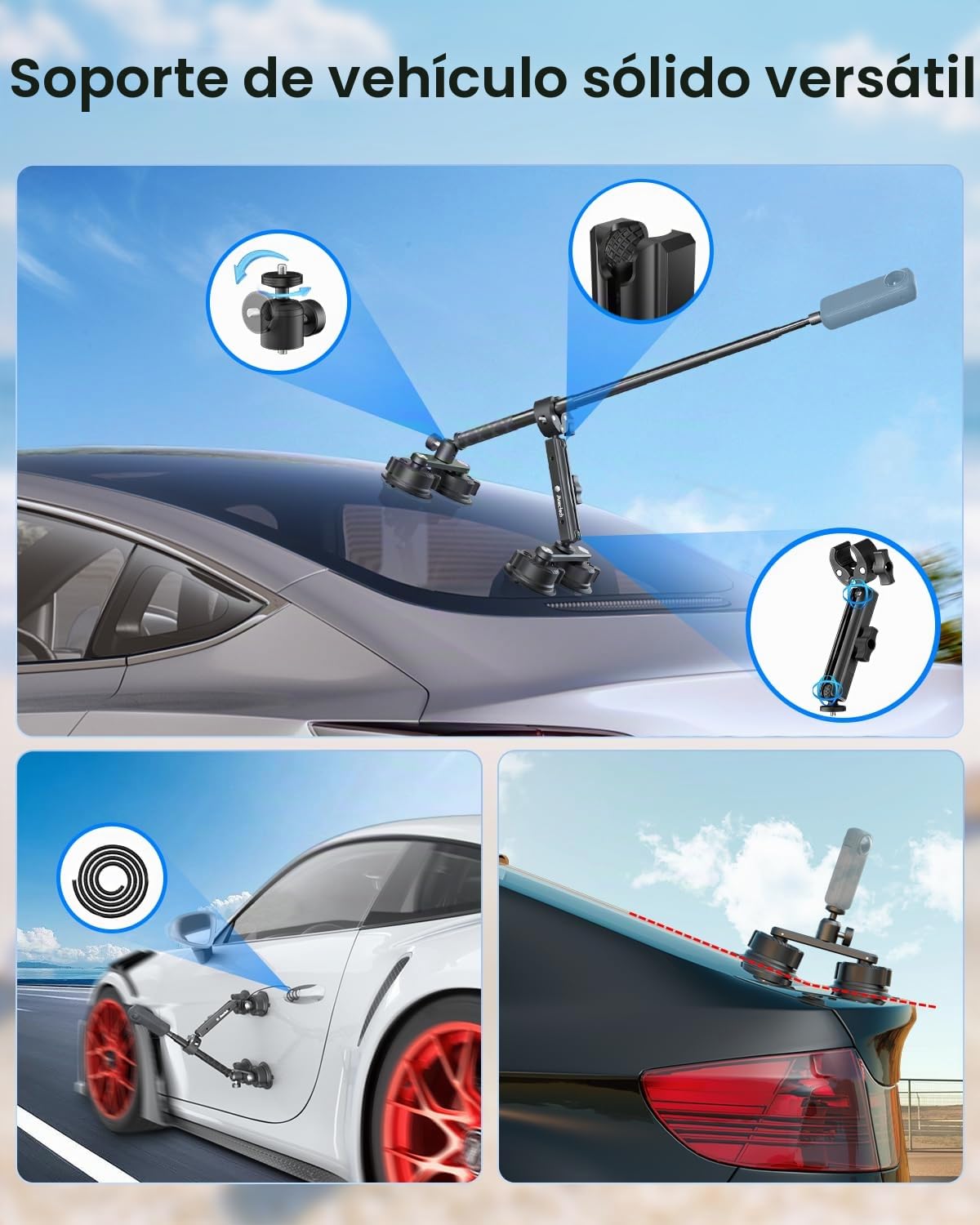 Kit Soporte Coche 4 Ventos para Insta360 X5 X4 Soportes CAM Acción | Trípode coche para Insta360 X5 accesorios, soportes cam 360 para GoPro, soporte ventosa para Osmo Action 6/5, vlog viaje