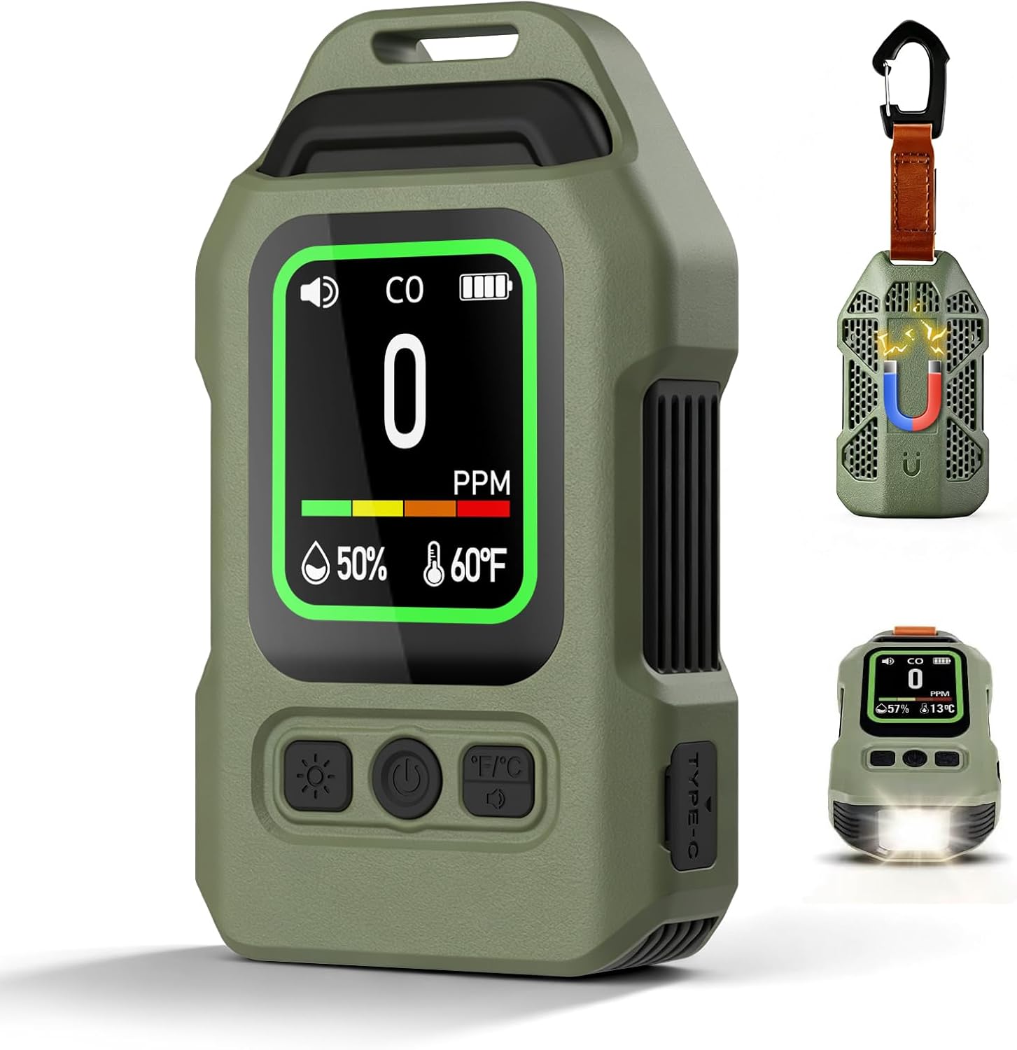Portable Carbon Monoxide Detector for Travel, Professional 4-in-1 Square CO Monoxide Monitor with Audible and Visual Alarm Rechargeable Backlit LCD Screen 300HR Standby for Home Car Camping Tent