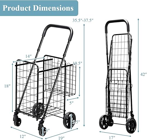 Miniatura 5 de IRONMAX - Carrito de compras plegable, resistente, con mango ajustable, cesta extra y ruedas giratorias de 360, carrito ligero para compras,