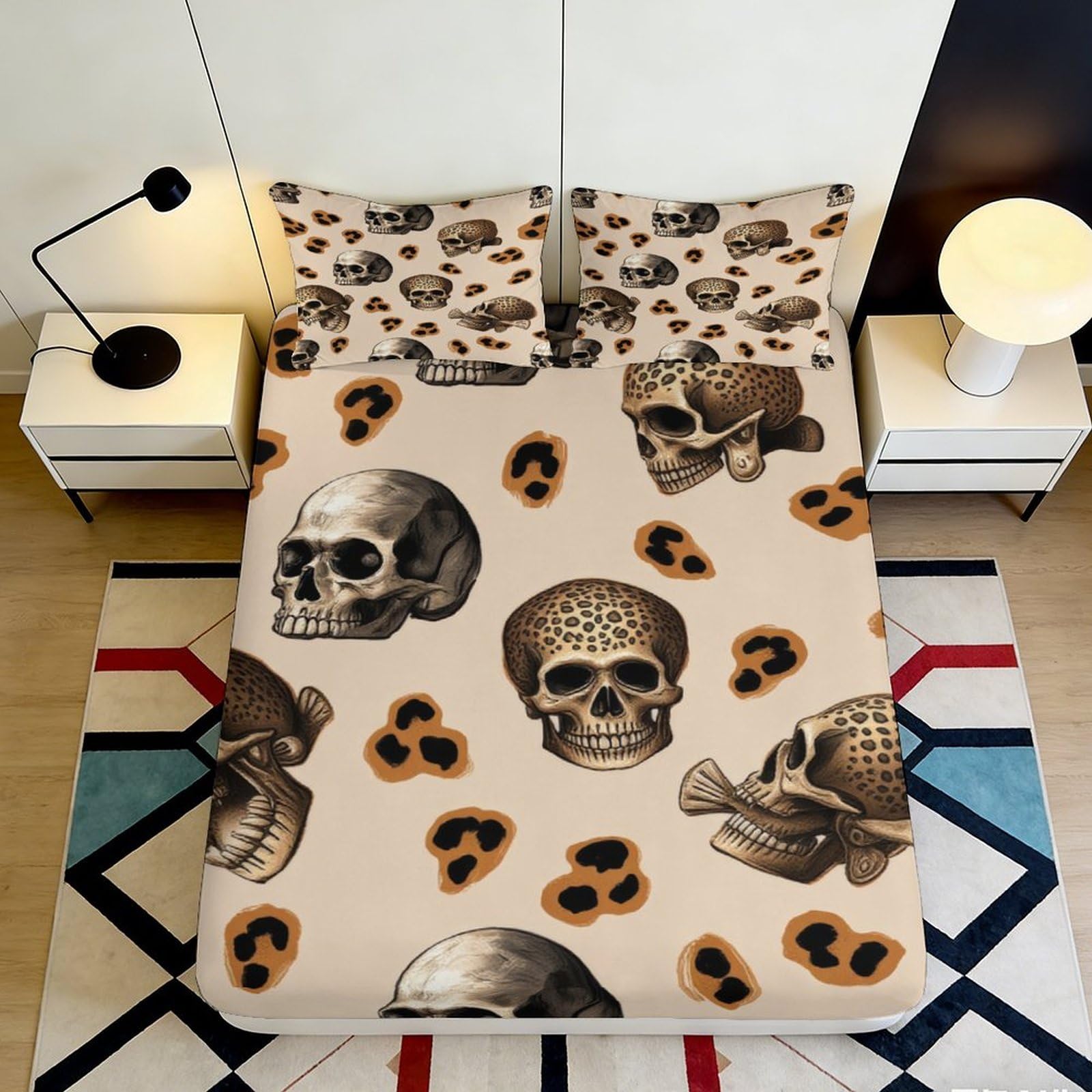 Qjzxknhpgr Style-5 3D Printed Skull Leopard Fitted Sheet Microfiber Soft Bedroom Decor Bed Cover Anti-Slip Machine Washable 90X200x25cm