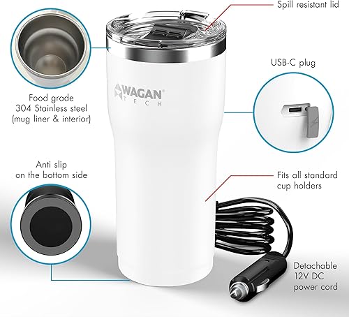 Miniatura 2 de Wagan EL6102 12V Travel Car - Taza térmica portátil de acero inoxidable de 16 onzas, tapa antiderrames, base antideslizante, calentador de café,
