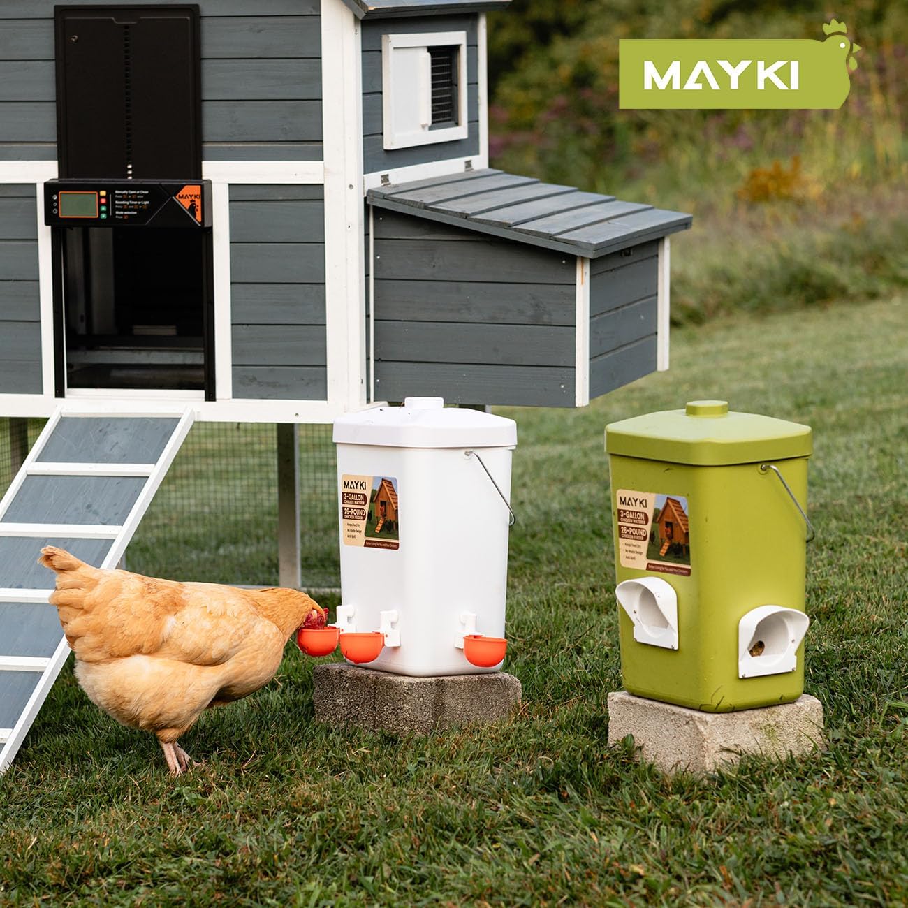 MAYKI Chicken Feeder and Waterer Set, 3 Gallon/26 LB No Waste Poultry Feeding System with Hanging Option, Automatic Coop Accessories for 10 Hens, Upgraded Feeder Port Water Cup, BPA-Free Winter Design