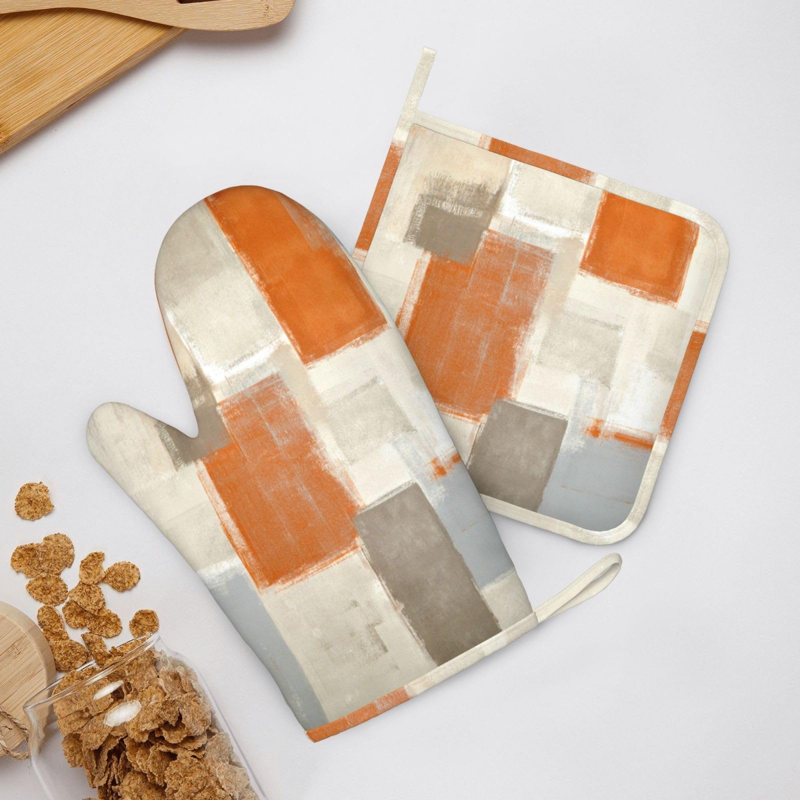 Juego de 2 manoplas de horno y soportes para ollas de pintura abstracta beige y naranja, resistentes al calor, guantes antideslizantes, decoración de cocina para barbacoa, cocinar, asar a la parrilla, 7