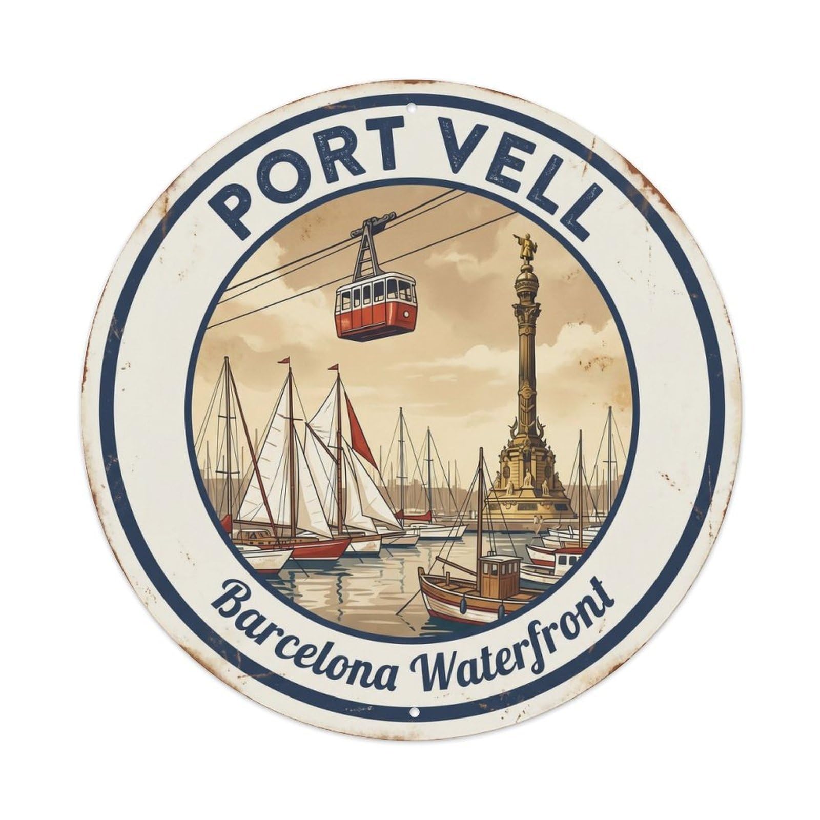 Vintage Travel Barcelona Harbor Spain Waterfront Metal Tin Sign Plaque Wall Decor for Cafe, Club, Garden Round Metal Poster 8x8Inch