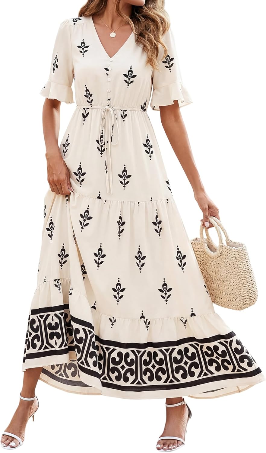BTFBM Womens Summer Dresses 2026 Spring Casual Short Sleeve v Neck Boho Floral Flowy A-Line Tiered Maxi Dress Pockets