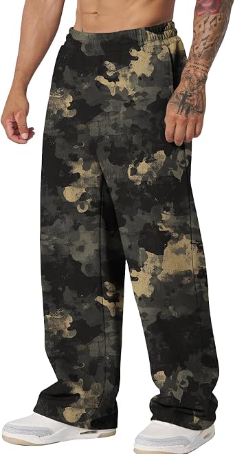 Graphic Print Pants for Men Elastic Waisted Wide Leg Baggy Sweatpants Joggers Loose Fit Streetwear Pants with Pockets