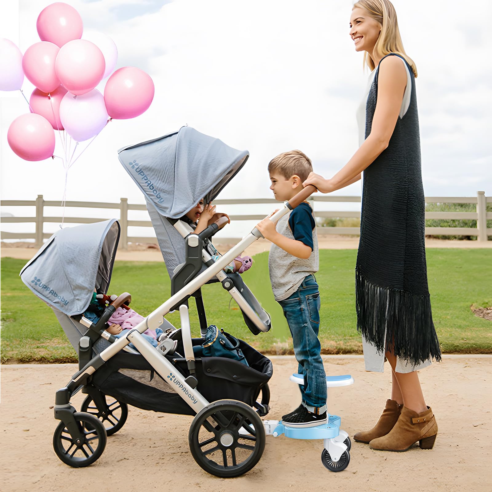 Planche Poussette Universelle Bleu Ciel, Marche Pied Poussette Universelle avec Siège, Compatible 99% des Poussettes, Planche à Roulettes pour Enfants 2-6 Ans (25KG)