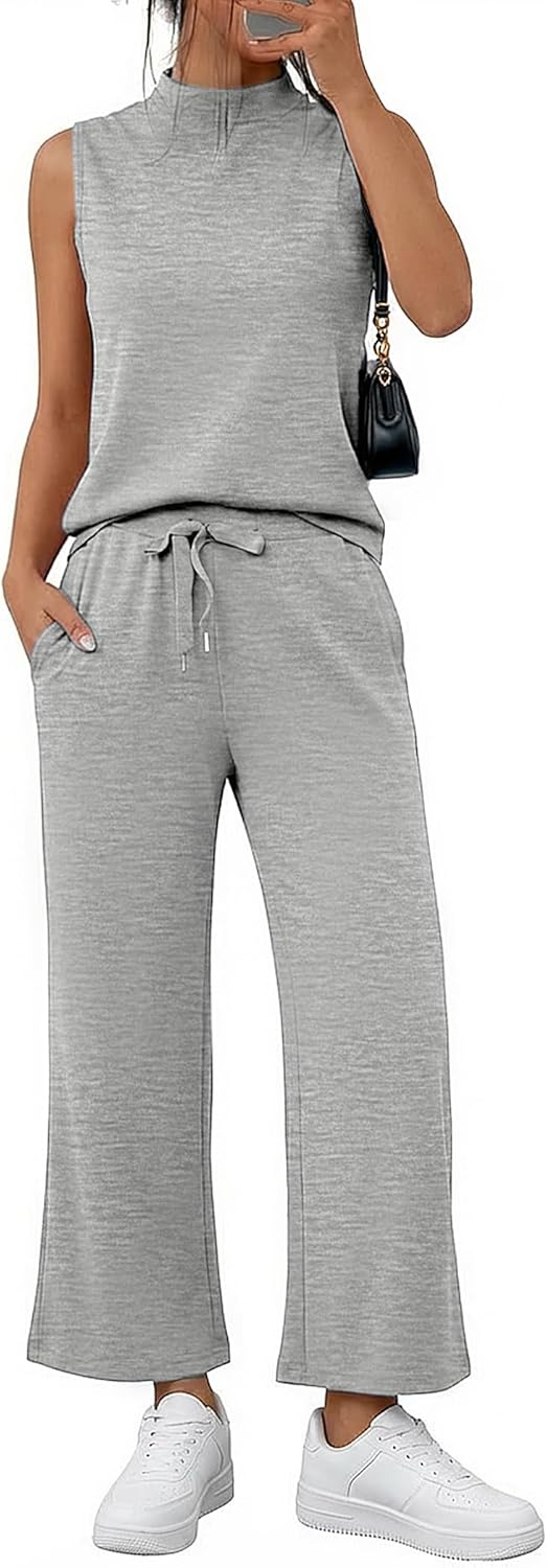 Casly Lamiit Womens 2 Piece Sets Sleeveless Mock Neck Summer Lounge Sets Wide Leg Crop Pants 2026 Vacation Travel Outfits