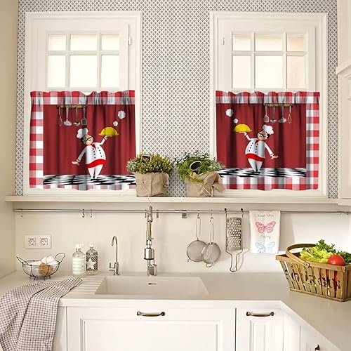 Miniatura 24 de Cenefa de cortina de chef para decoración de ventanas, panel de cortinas cortas con bolsillo para barra de cocina, gourmet en rojo burdeos, cortinas