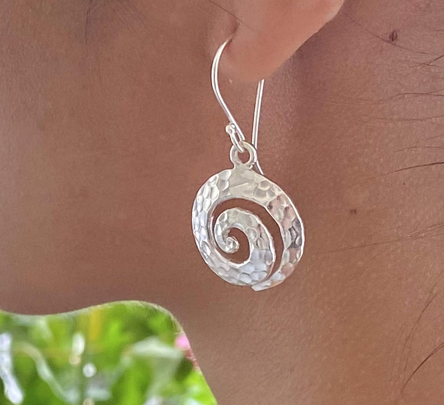 Handmade Sterling Silver Hammered Spiral Dangle Earrings, Hippie Boho Tribal Shiny Convex Swirl, Symbol of the journey of Spirit, Gift for Her