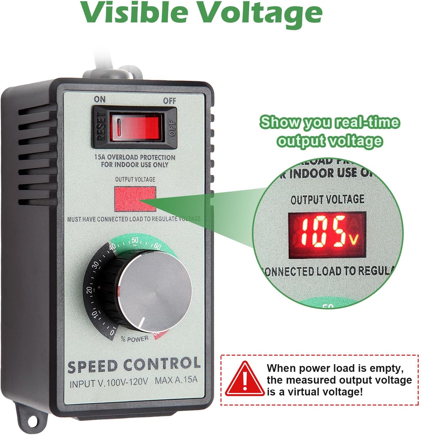 AC Motor Speed Controller 100-120V / 10A Rated / 15A Max Variable Fan Speed Controller AC Electronic Voltage Regulator with Overload Protection Switch & Voltage LED Display Screen