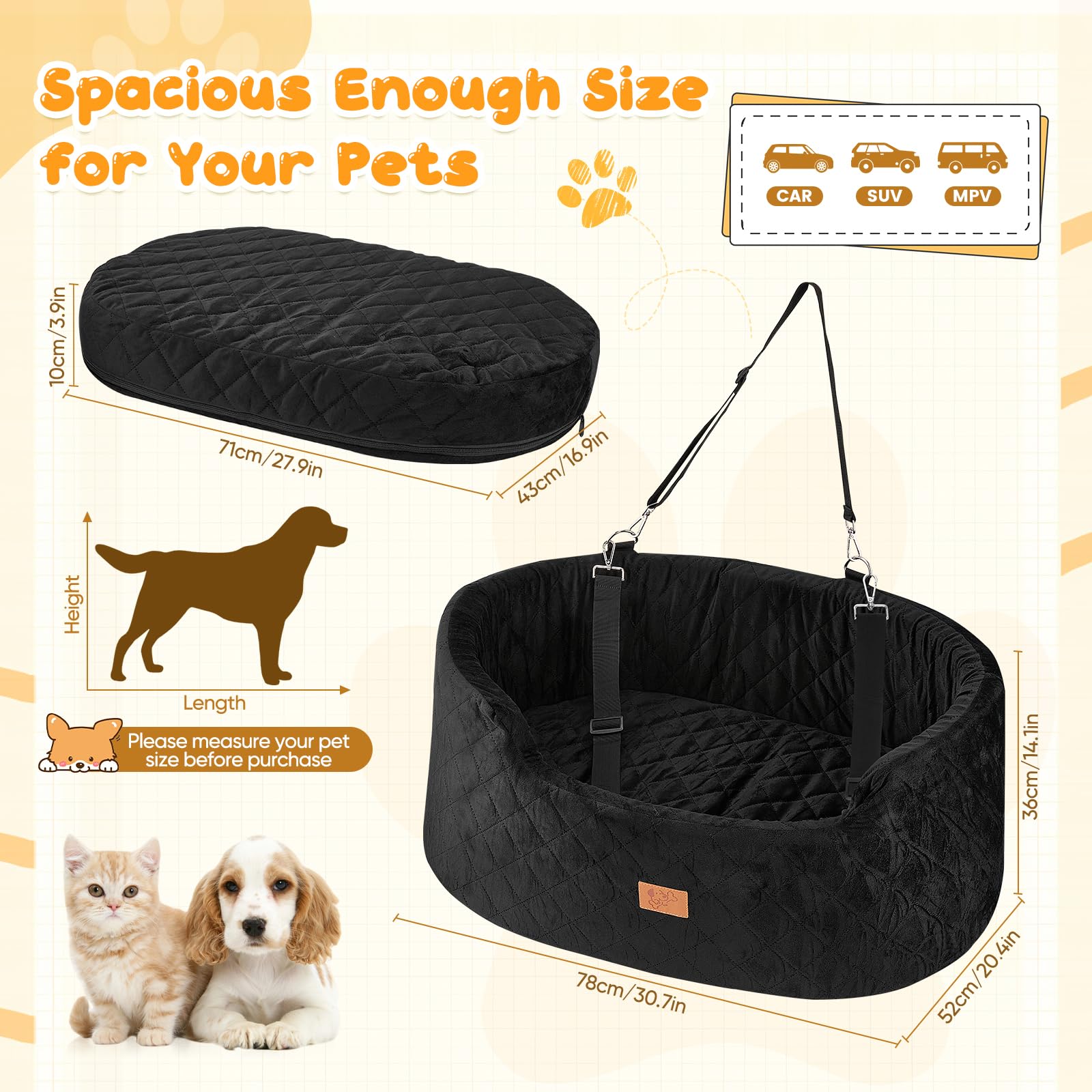 Siège Auto pour Chien 78x52x36CM, Panier Chien Voiture avec Siège Amovible, Corde de Sécurité & Base Antidérapante et Housse Amovible, Siège Auto pour Grands Chiens Lourds (Rond)