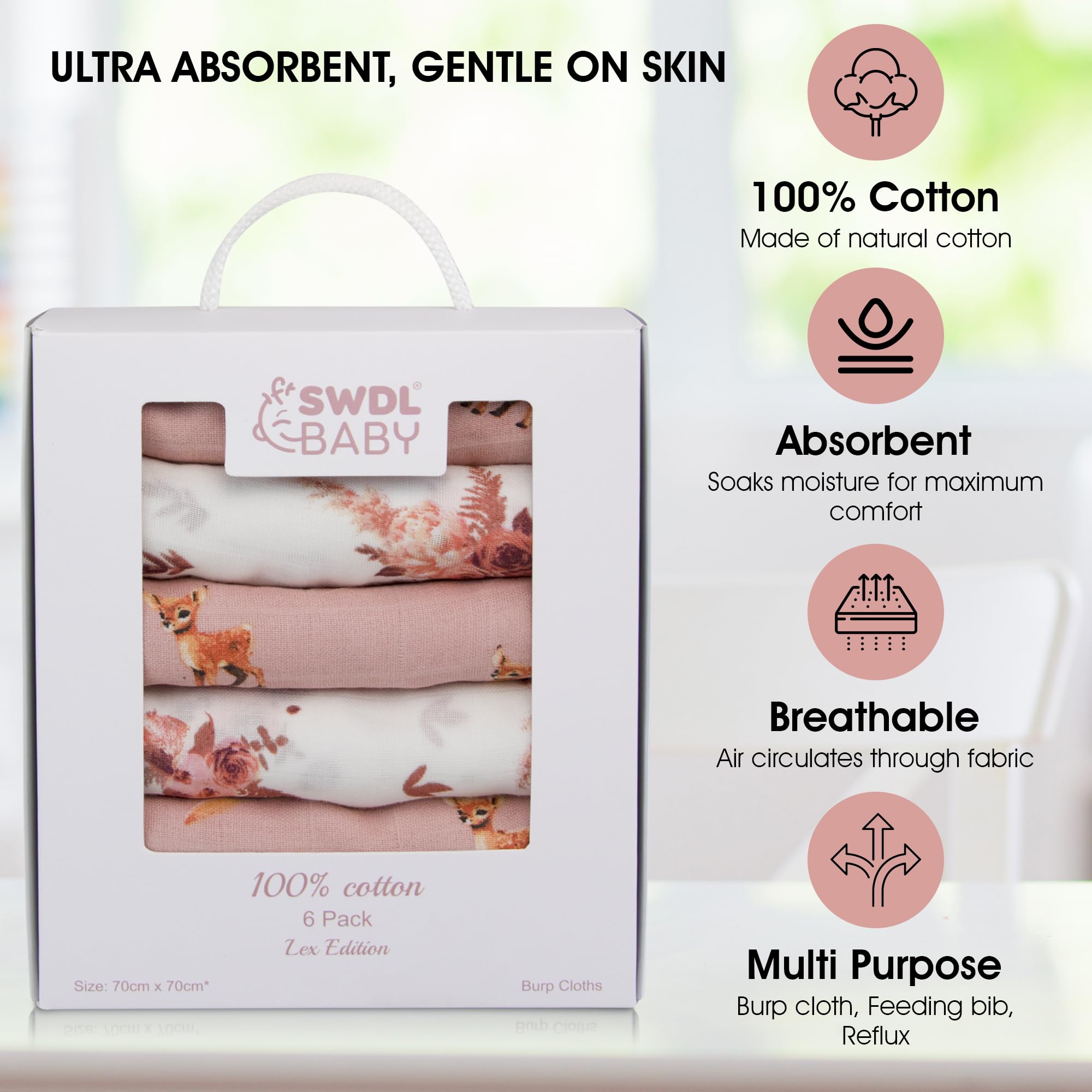 Large Baby Muslin Cloths - 100% Cotton Muslin Squares (Pack of 6, 70 x 70 cm), Lex Edition Baby Muslins, 70cm x 70cm - Image 4