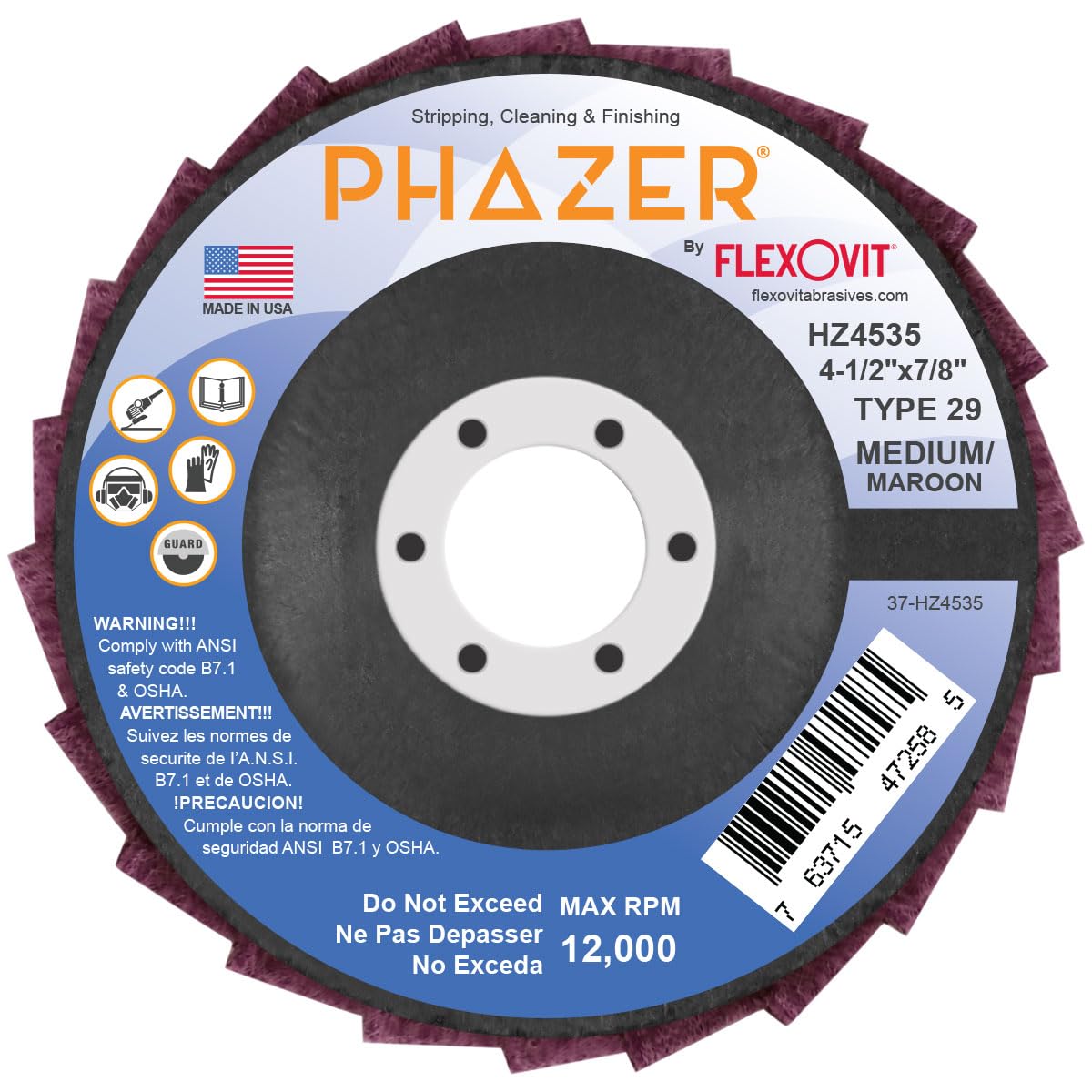 FlexOvit® PHAZER™ 4-1/2" X 7/8" Medium-Maroon Type 29 Non-Woven Flap Disc (HZ4535 Pack of 10)