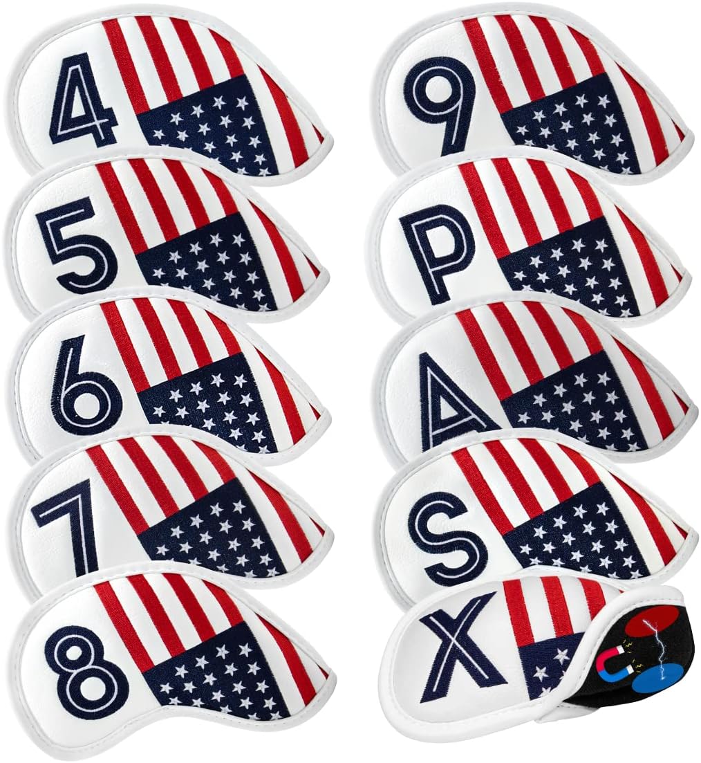 Golf Magnetic Iron Covers Iron Head Covers Set 10pcs/Set Iron Headcover Golf Iron Club Cover USA American Flag - Weather Resistant