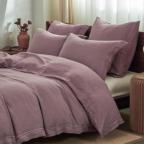 Simple&Opulence 100% Washed Linen Duvet Cover with Embroidered, 3 Pieces Soft Farmhouse Comforter Set with Button Closure,1 Duvet Cover and 2 Pillowshams(King,Purple)
