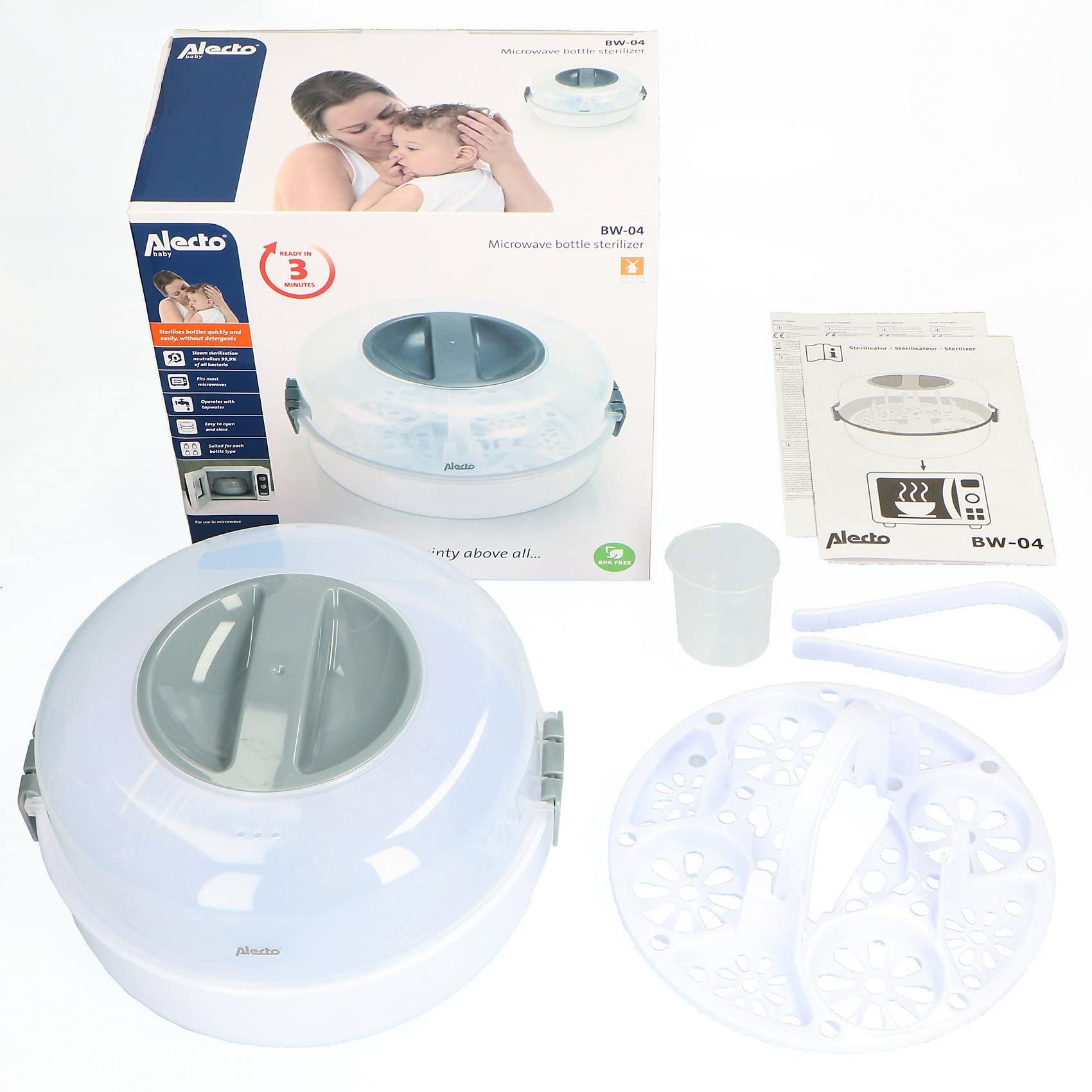 Alecto Stérilisateur à micro-ondes BW-04 pour jusqu'à 4 biberons de 150 ml, tire-lait, pots, tasses et couverts - Avec pince à biberon, blanc