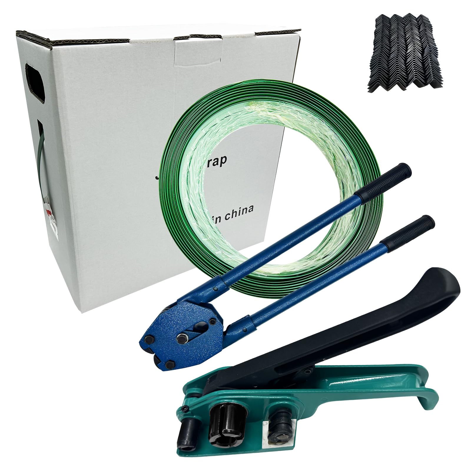 JIADIstrap Banding Strapping kit Contain 5/8”x 1000’ Polyester (PET) Roll Heavy Duty Pallet Tensioner Tool Sealer Machine Packaging Plastic Edge Protectors Metal Seals