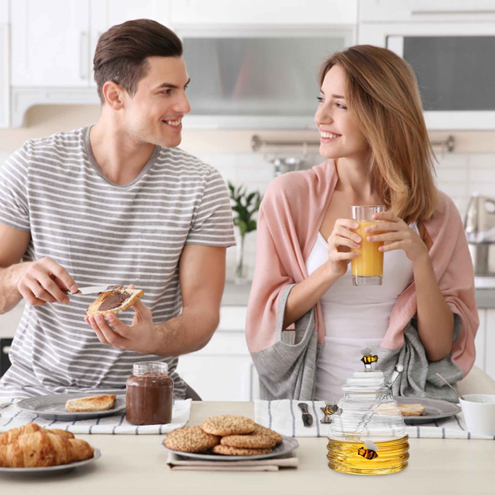 1 set di vasetti per miele con api carine da 500 ml con mestolo e coperchio coperchio vaso per miele e gocciolatore barattolo trasparente per miele con merlo acquaiolo per conservare miele e sciroppo