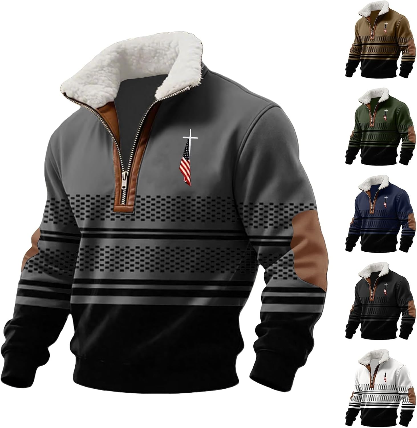 Christian Sweatshirts for Men Jesus Cross American Flag Print Pullover Fleece Lined Quarter Zip Stand Collar Sweaters - Image 6