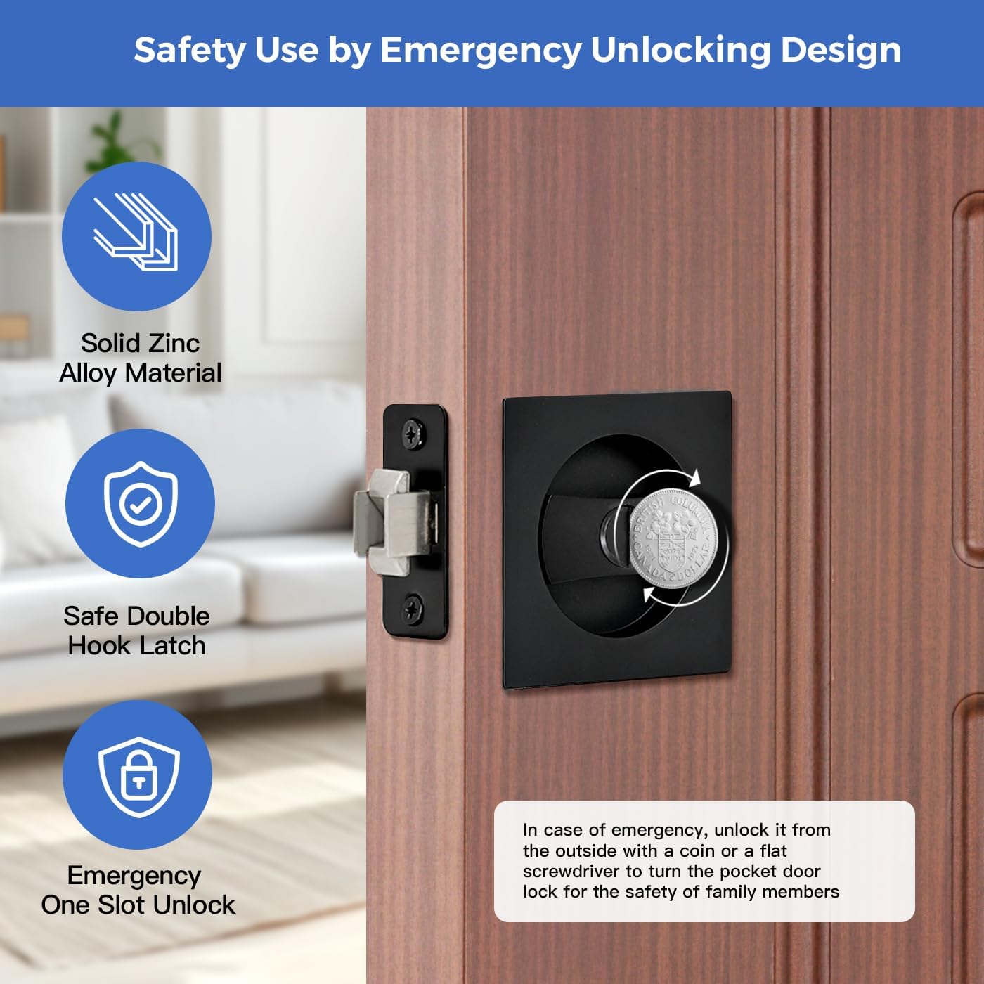 Matte Black Pocket Door Hardware with Privacy Lock & Latch - Contemporary Style for Square Pocket Doors(1 Pack)