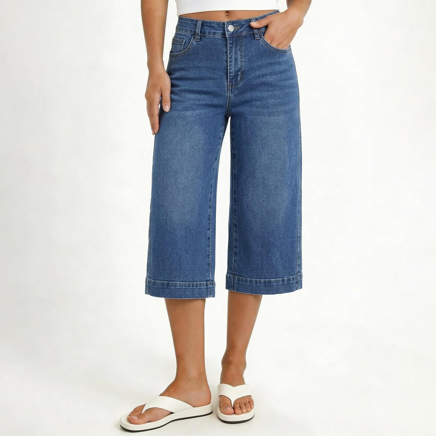 Capri Pants for Women High Waisted Stretchy Denim Capris Casual Straight Wide Leg Cropped Jeans with Pockets
