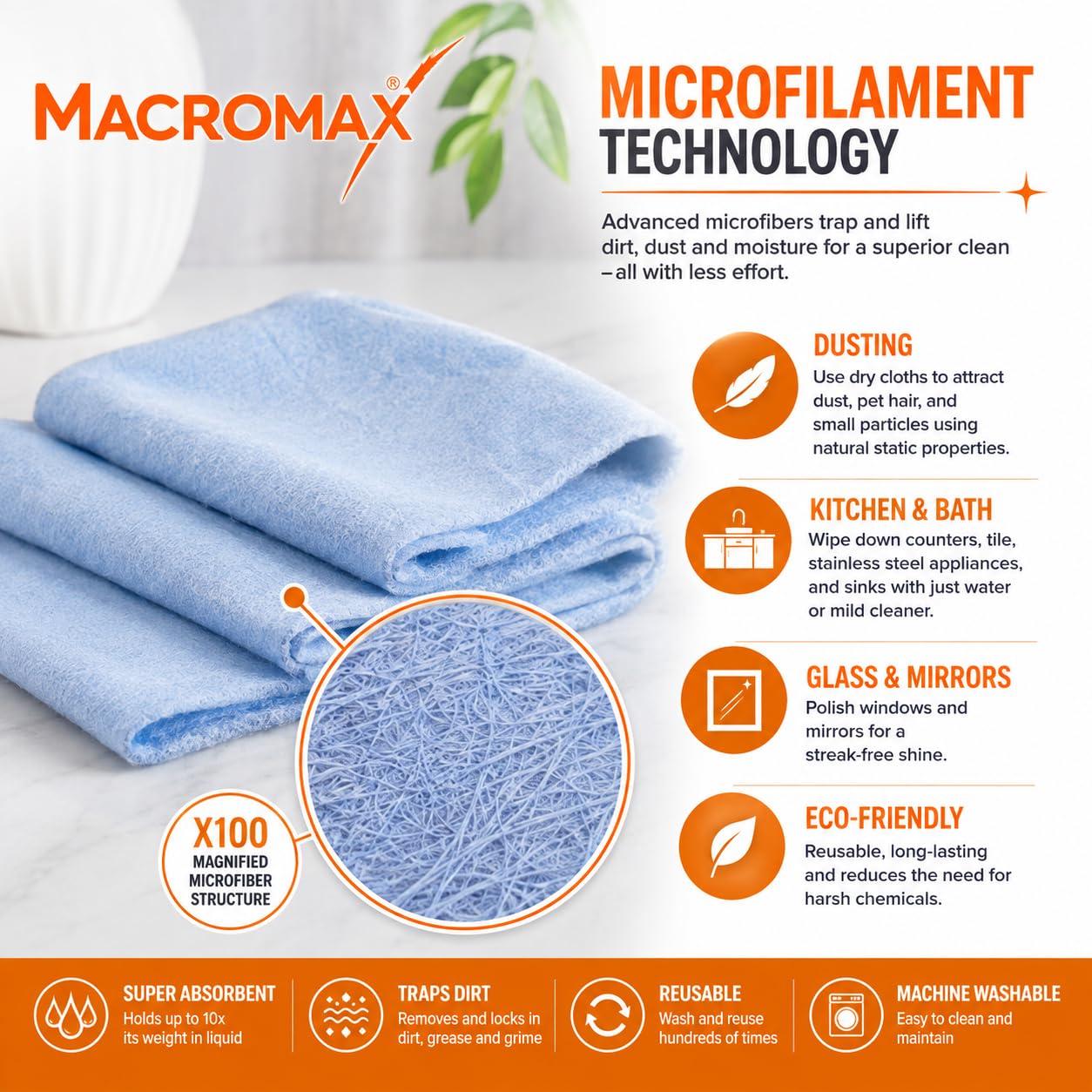 Macro Max Mikrofiber Cam Bezi 2'li Set, Mikrofilament Teknolojisi ile Leke ve İz Bırakmaz Ayna Bezi