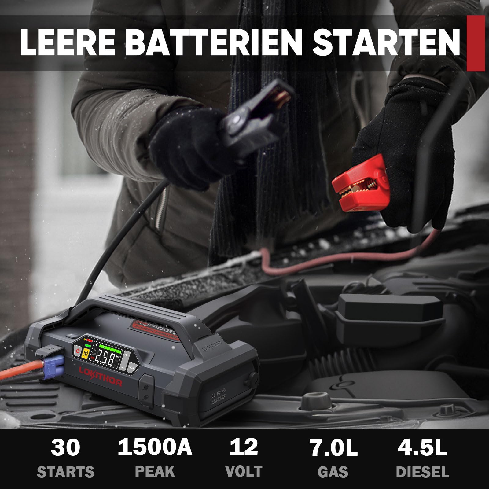 LOKITHOR JA300 Starthilfe Powerbank mit Kompressor, 1500A 12V Autobatterie-Booster 18000 mAh Jump Starter mit Luftpumpe für bis zu 7,0L Benzin oder 4,5L Diesel 150 PSI Reifenfüller mit Digitalanzeige