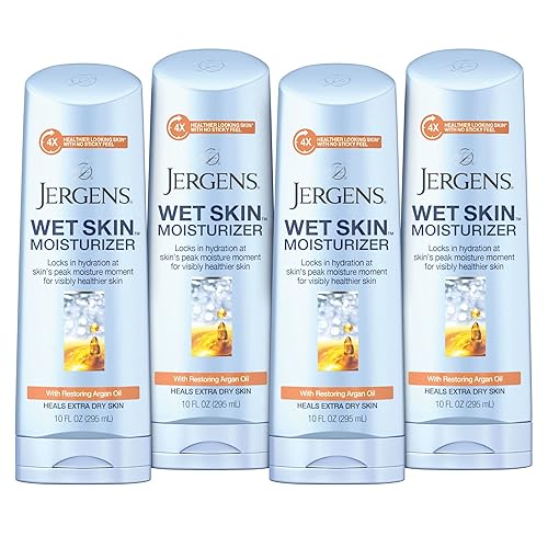 Jergens Hidratante corporal Wet Skin con aceite de argán restaurador, 10 onzas, 4 veces más saludable, absorción rápida, no grasa, probado por