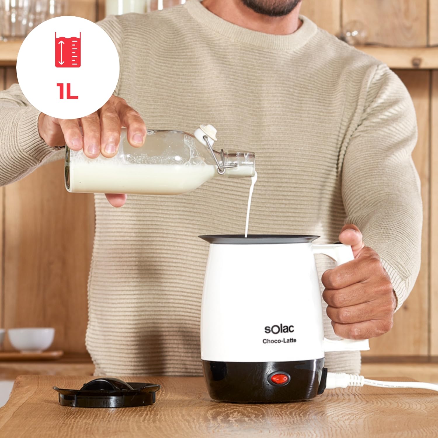 Solac Choco-Latte | Scaldalatte 1L | 250W | Cioccolata calda e tutti i liquidi | Filtro anti-crema | Rivestimento antiaderente | Facile da pulire | Design compatto | Bianco