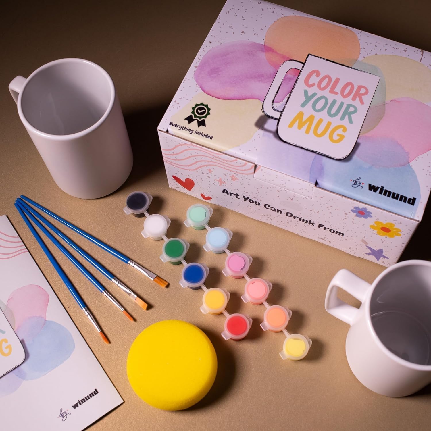 Winund – Set de 2 Tazas para Pintar con Pinturas Cerámica (12 Colores Pastel + Estándar), Pinceles, Esponja e Instrucciones – Manualidades Creativas y Regalo Original para Adultos y Niños