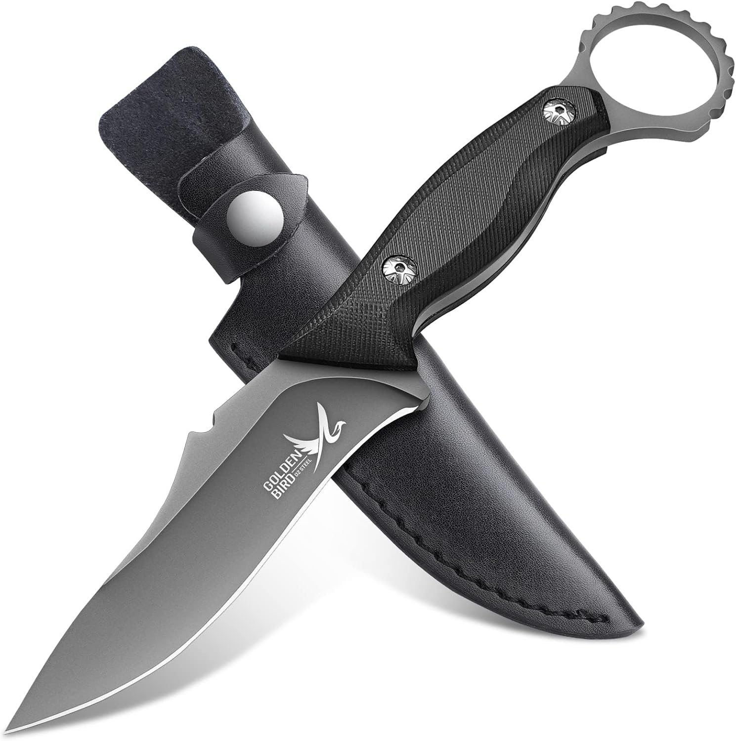 Golden Bird Fixed Blade Knife - Full Tang Outdoor Knives for Camping Hunting Bushcraft with Leather Sheath, 4.7" Carbon Steel Blade with Ergonomic G10 Handle, Christmas Gifts for Men Women