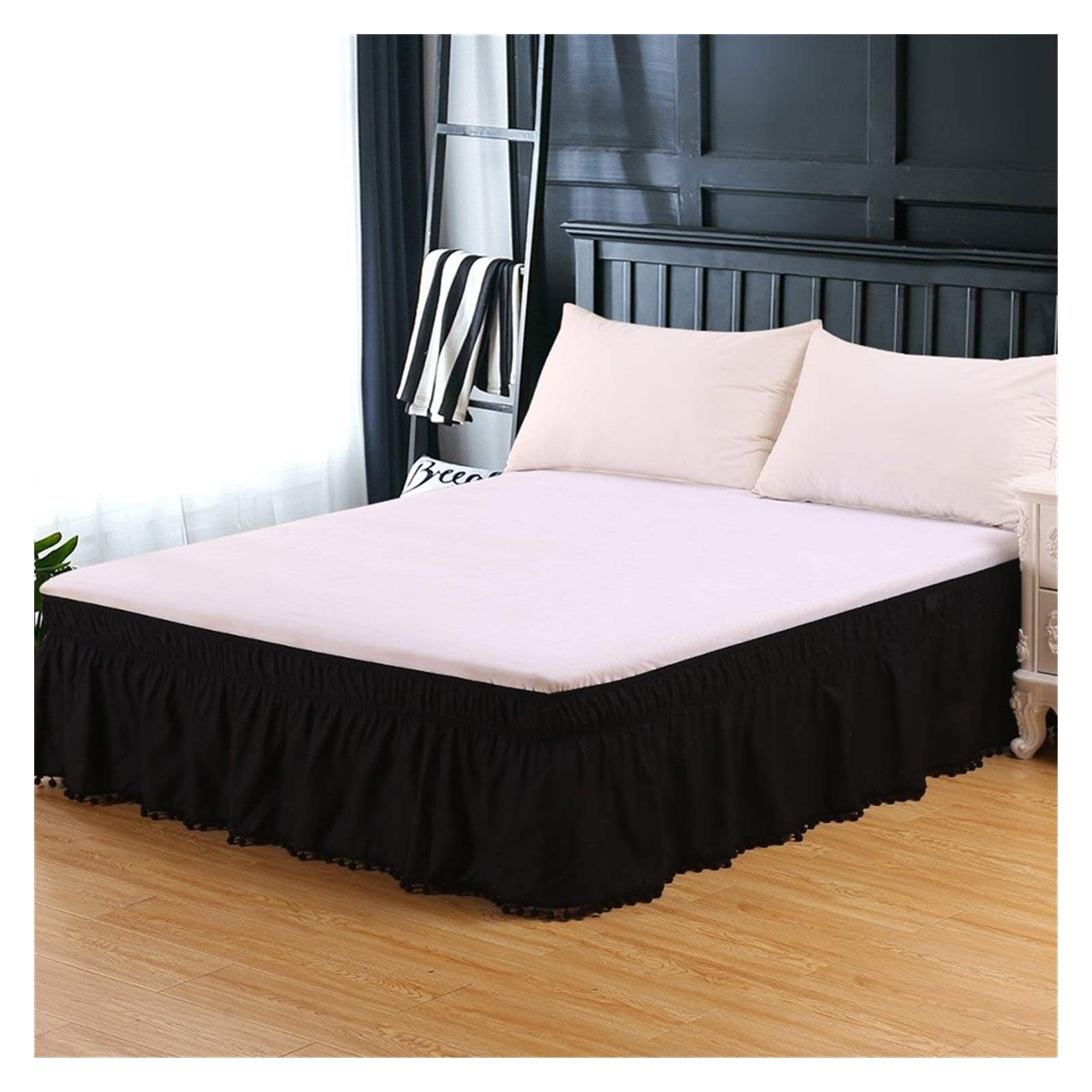 Bett röcke Rüschen Elastic Pompom Fringe Bettrock Weiß Schwarz Grau Verpackung um bedskirt Twin Queen-König (Color : Black, Size : 39x75inch (99x190cm))