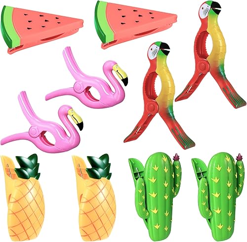 10 clips para toallas de playa, soportes para sillas portátiles, soportes para toallas de flamenco, cactus, sandía, loro, alfileres de ropa en