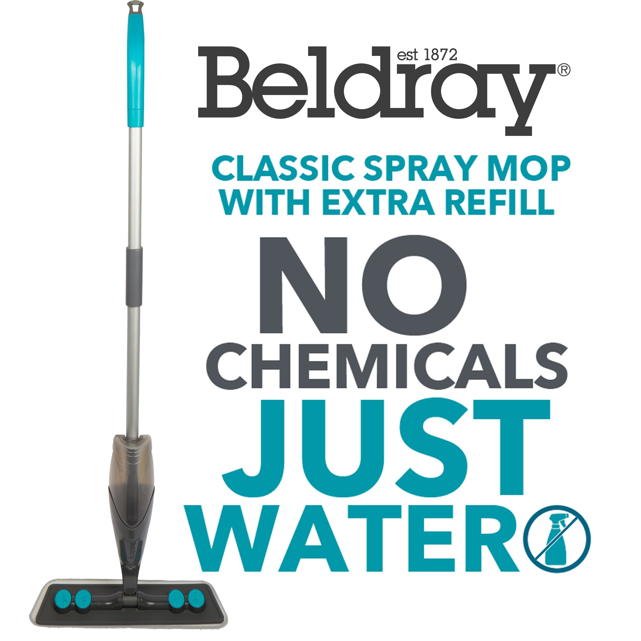 Beldray LA029425FEU7 - Mocio in microfibra senza sostanze chimiche, solo acqua, funzione spray integrata, fibre microscopiche, bottiglia ricaricabile da 600 ml, testa girevole a 180 gradi, per