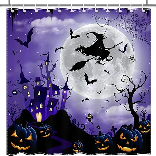 Miniatura 8 de Mocsicka Cortina de ducha de Halloween, castillo de terror, bruja, bosque brumoso, calabaza, cementerio, cortina de ducha de baño, cortina de ducha