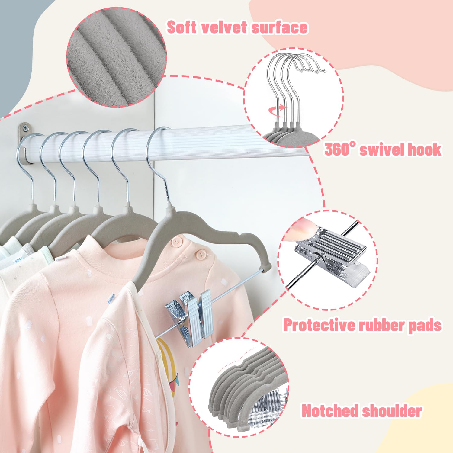 28 Grucce Di Velluto Per Bambini Con Clip - Antiscivolo 30cm Per Armadio, Bianco