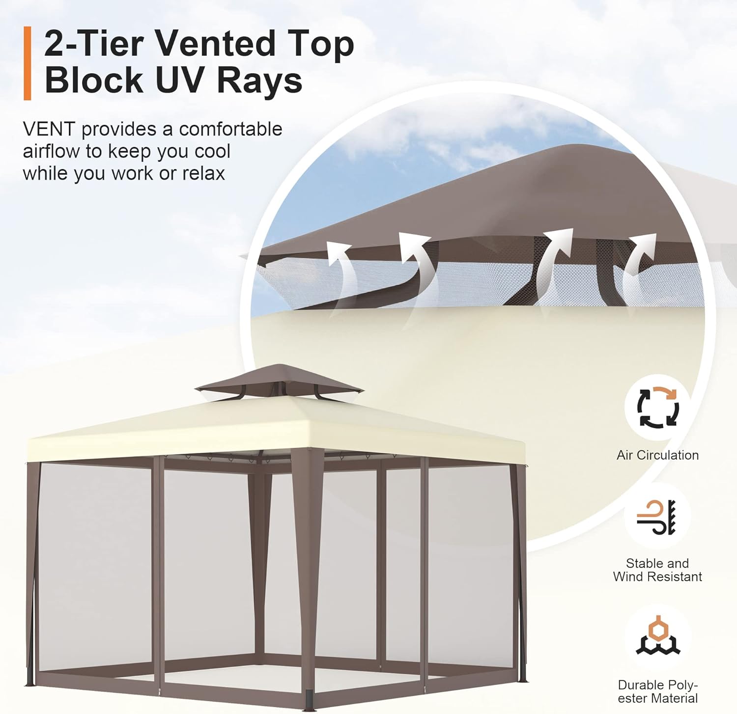 Gazebo, 10'x10' Canopy Tent Waterproof UV-Resistant 2-Tier Top Sturdy Outdoor Canopy Shelter for Camping w/Mosquito Netting for Garden Patio Backyard(White)