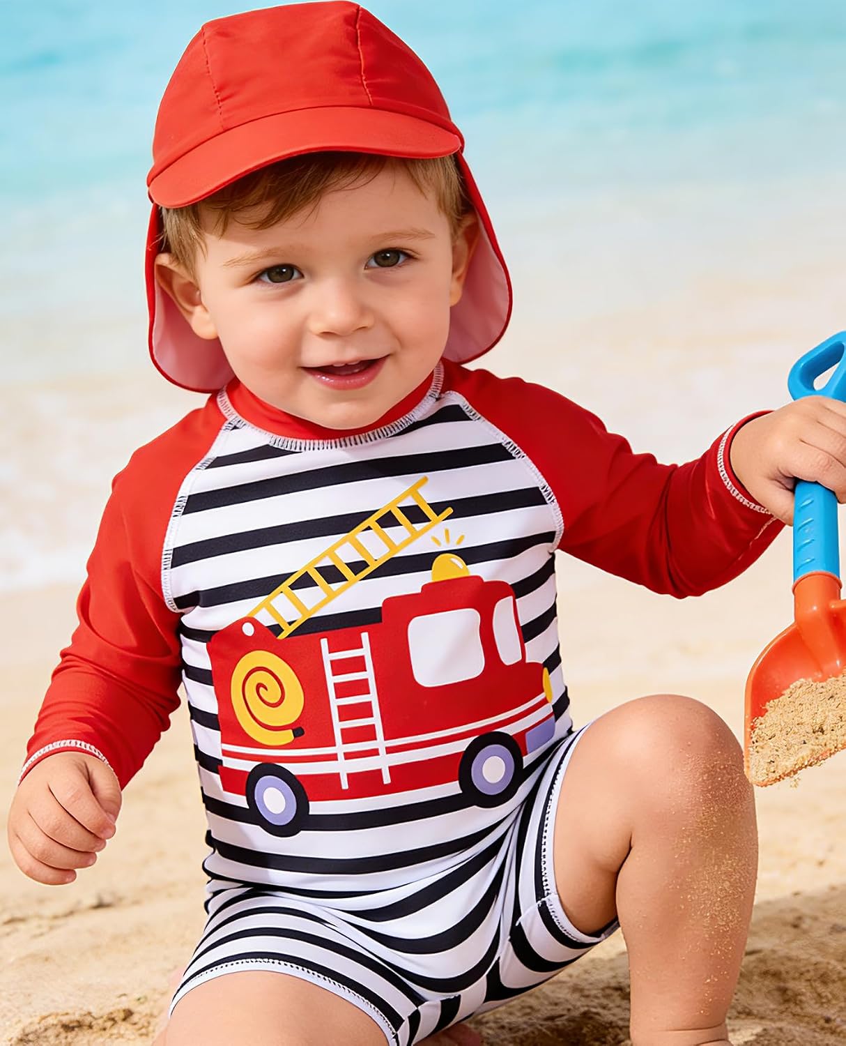 uideazone Toddler Baby Boys Long Sleeve Swimsuits 3D Printed One Piece Rash Guard Back Zipper Bathing Suit 3-24 Months