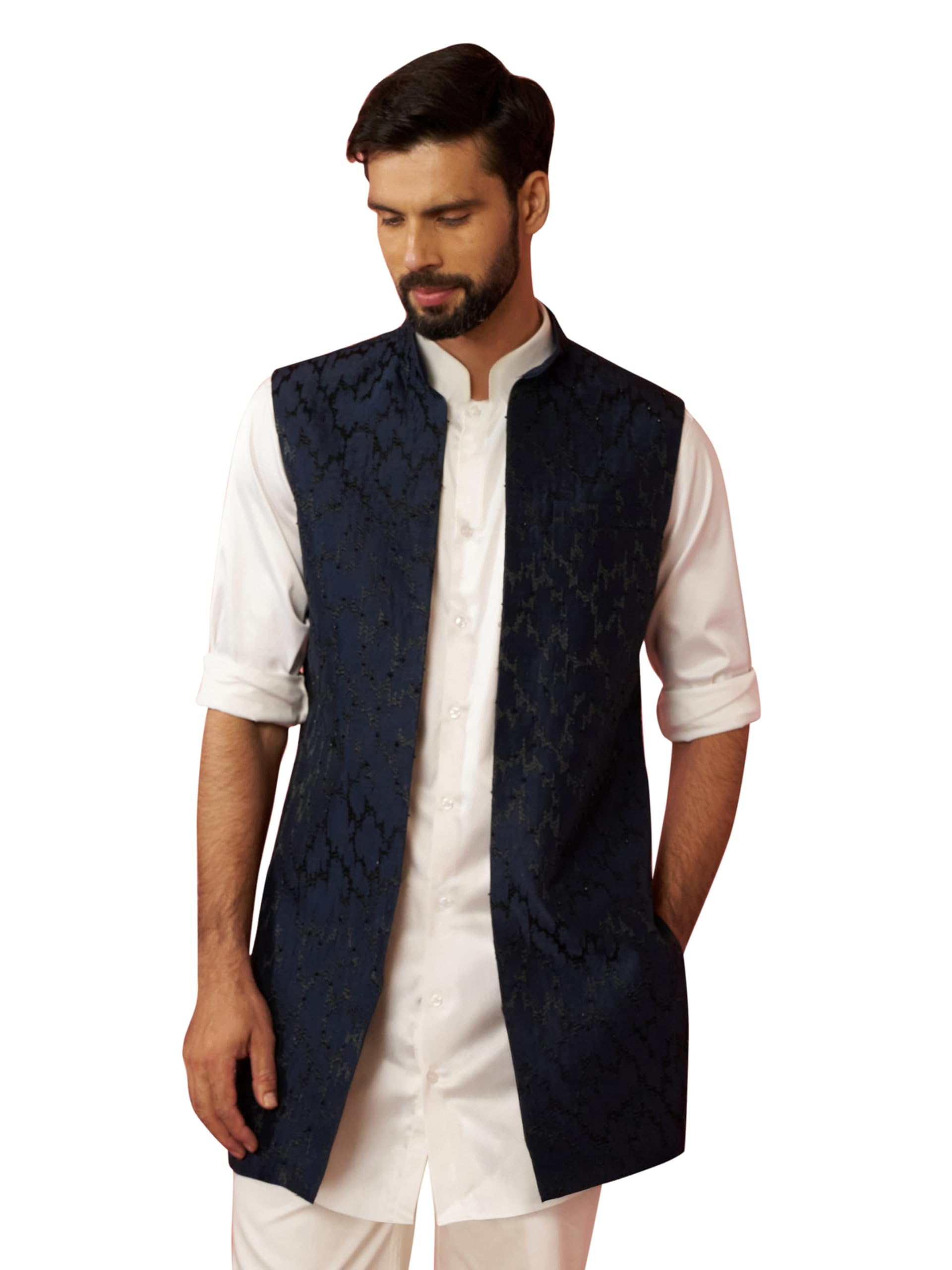 Men's Silky Abstract Embroidered Nehru Jacket - Wedding Ethnic Wear-image-20