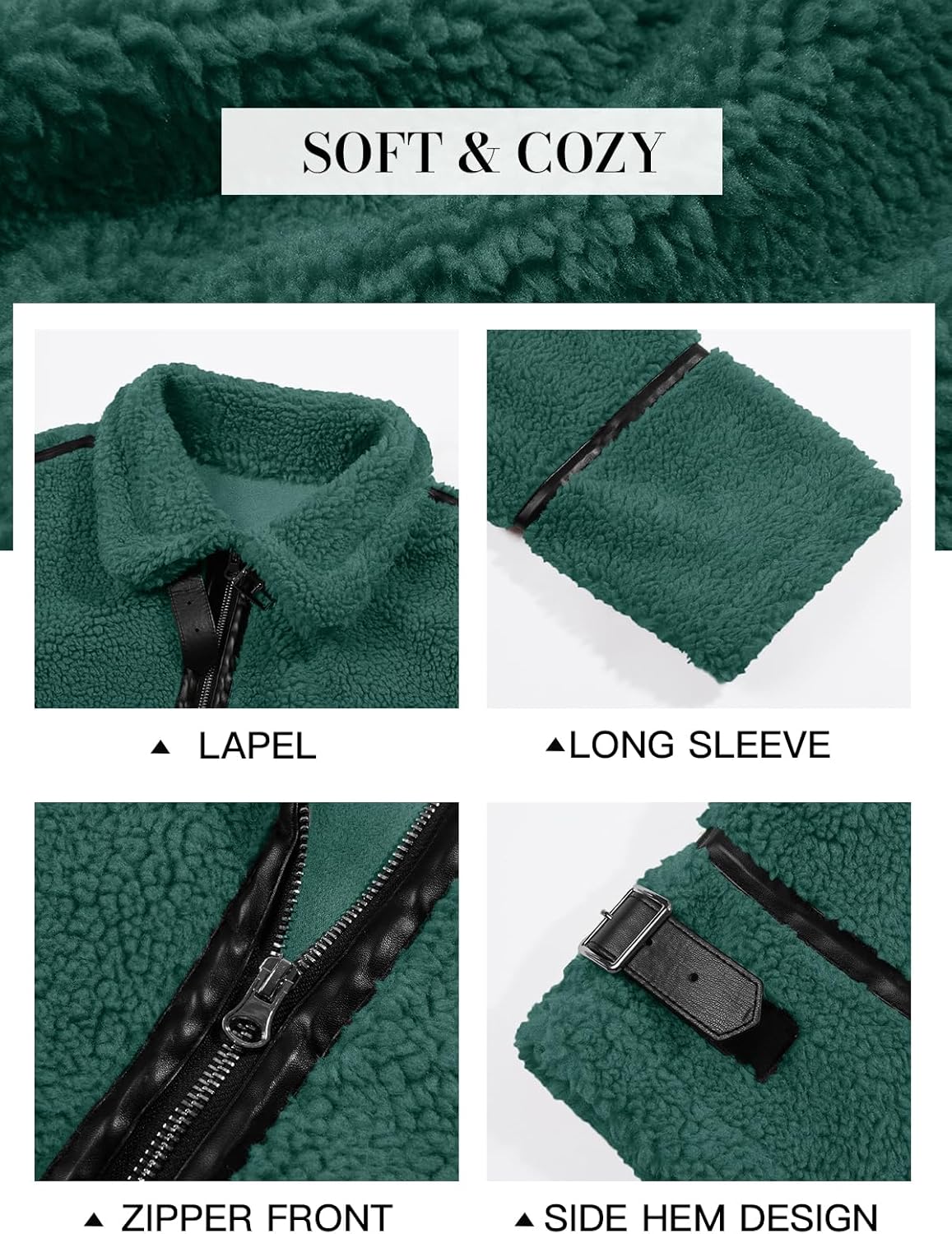 Tankaneo Womens Faux Fur Jackets Winter Trendy Sherpa Moto Leather Patchwork Zip Up Coat - Image 6