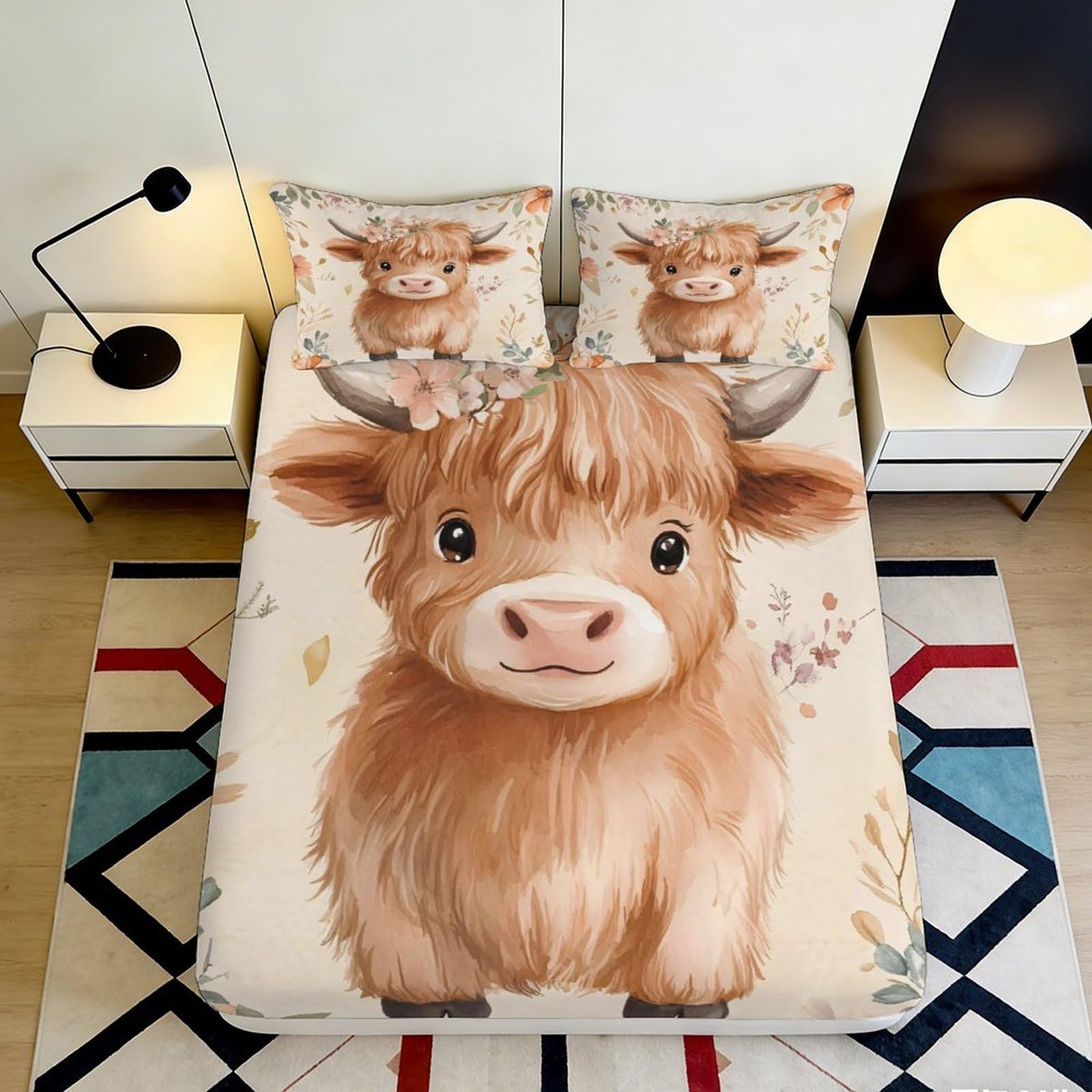 Jqzkxnhpbr Style-5 3D Printed Highland Cow Fitted Sheet Microfiber Soft Breathable Cartoon Farm Animal Mattress Cover For Bedroom Decor 90X200x25cm