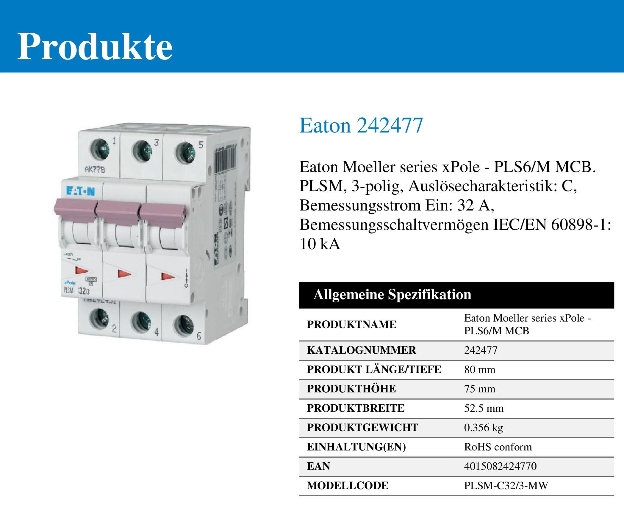 Eaton Moeller PLSM-C32/3-MW Leitungsschutzschalter 32A 3P 3-polig C-Charakteristik LS-Schalter MCB (242477 alt 245005)